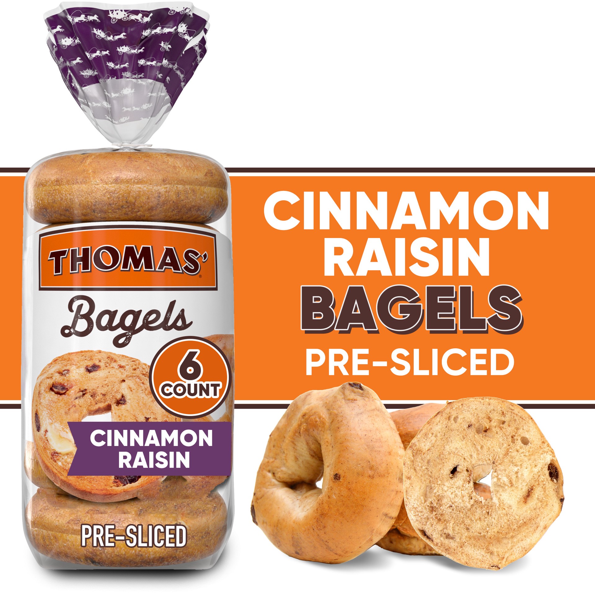 slide 1 of 5, Thomas' Cinnamon Raisin Bagels, 6 count, 20 oz, 6 ct