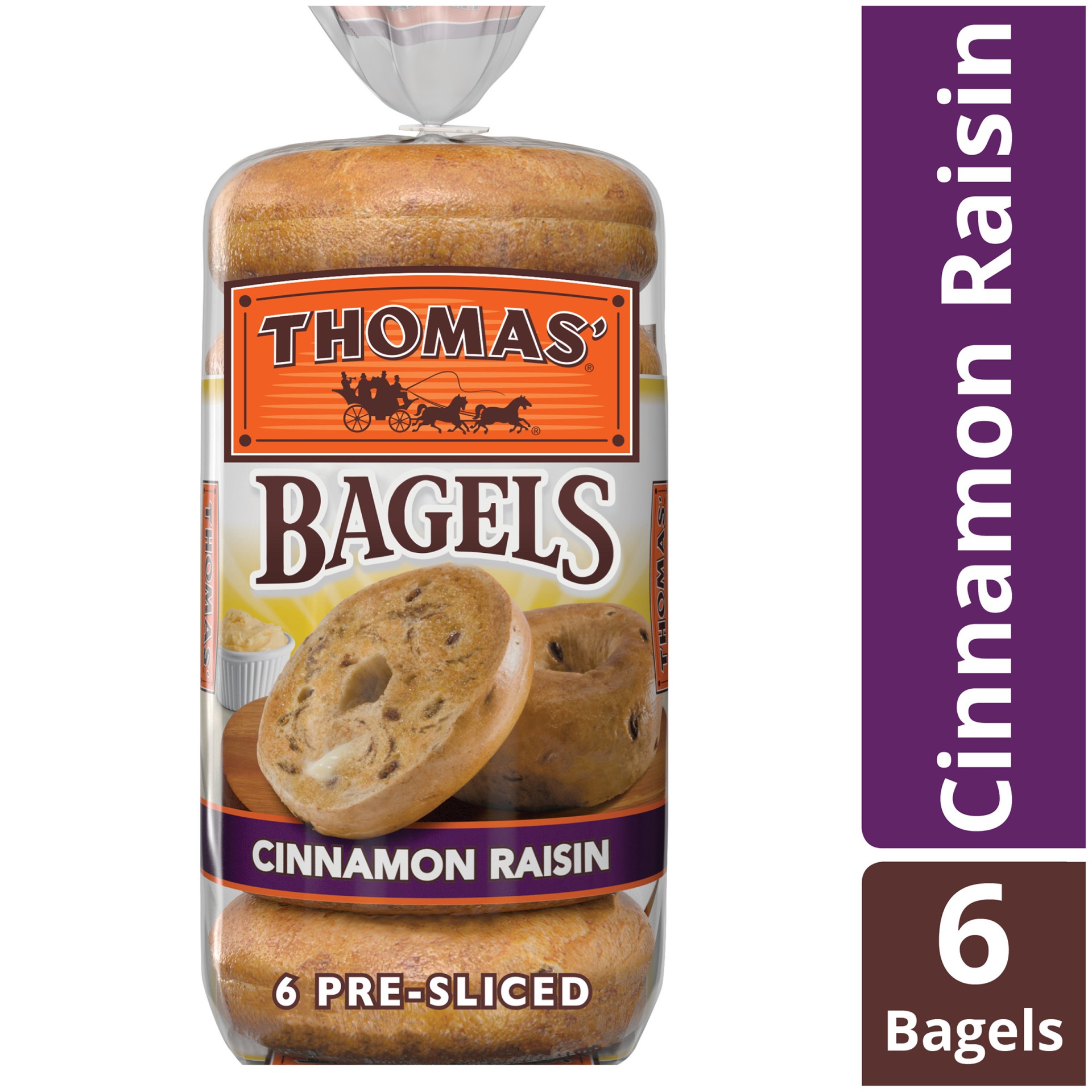 slide 1 of 7, Thomas' Cinnamon Raisin Pre-Sliced Bagels, 6 ct; 20 oz