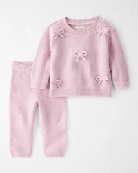 Littleplanet Baby 2-Piece Organic Cotton Bow Sweater Knit Set Daylily Pink 12M