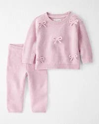 Littleplanet Baby 2-Piece Organic Cotton Bow Sweater Knit Set Daylily Pink 12M