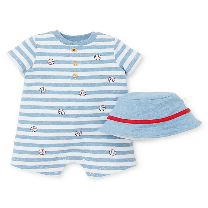 slide 1 of 2, Little Me Newborn Baseball Stripe Romper and Hat Set - White/Blue, 2 ct