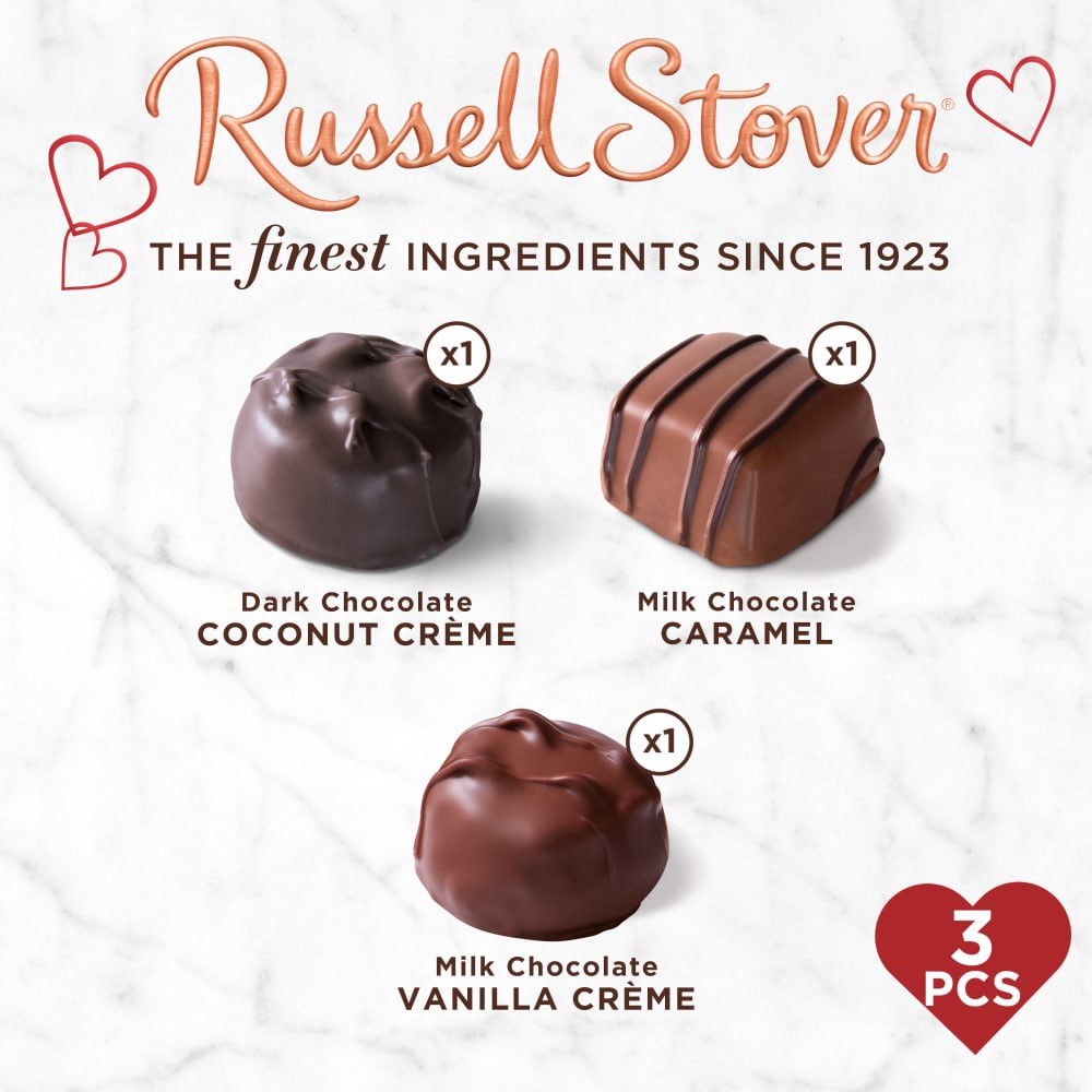 slide 4 of 6, Russell Stover Valentine's Day Cosmic Heart Assorted Milk & Dark Chocolate Gift Box, 3 Pieces, 1.5 oz