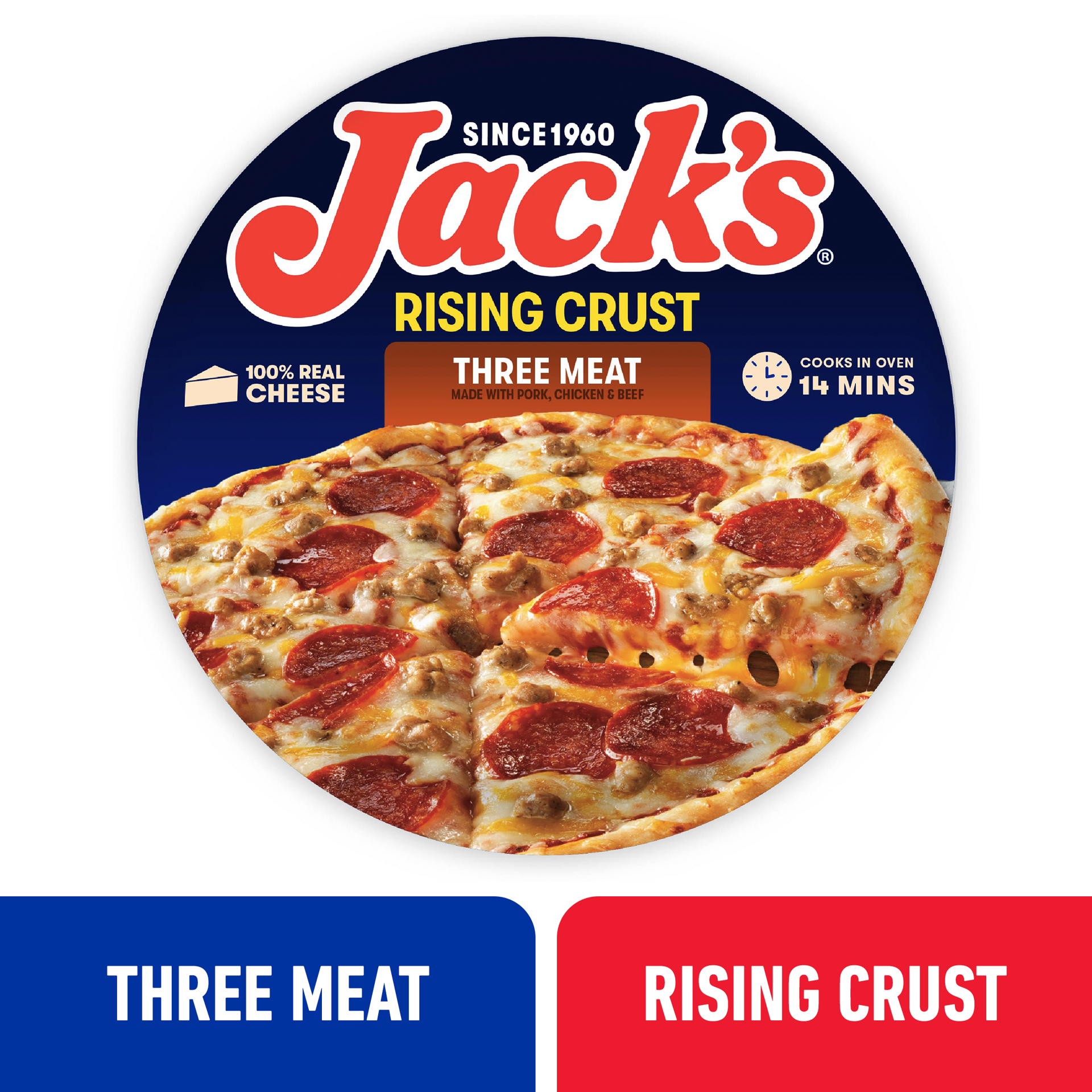 slide 1 of 3, Jack's Jack''s Rising Crust Three Meat Pizza, Rising Crust Pizza, Frozen Pizza 11in, 27oz (Frozen), 27 oz