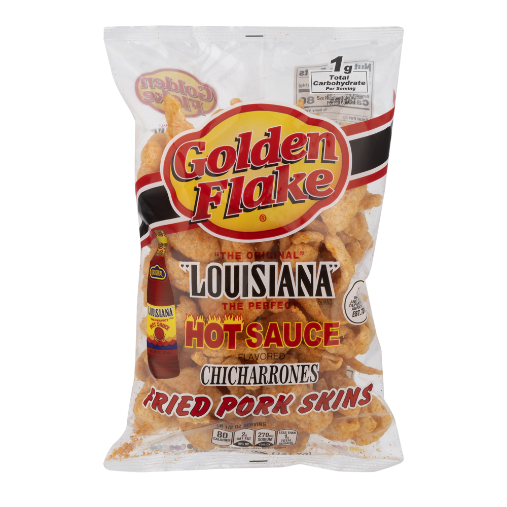 slide 1 of 1, Golden Flake Fried Pork Skins Louisiana Hot Sauce Flavored Chicharrones, 5 oz