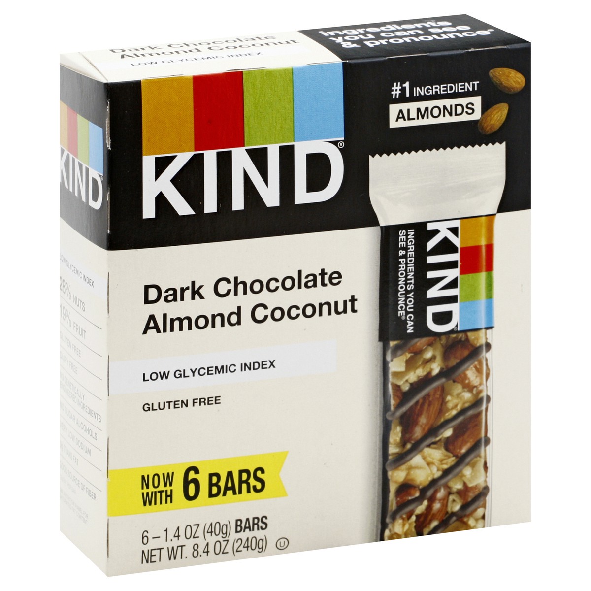slide 5 of 9, KIND Dark Chocolate Almond Coconut Bars, Low Glycemic Index, Gluten Free Bars, 1.4 OZ, (6 Count), 6 ct