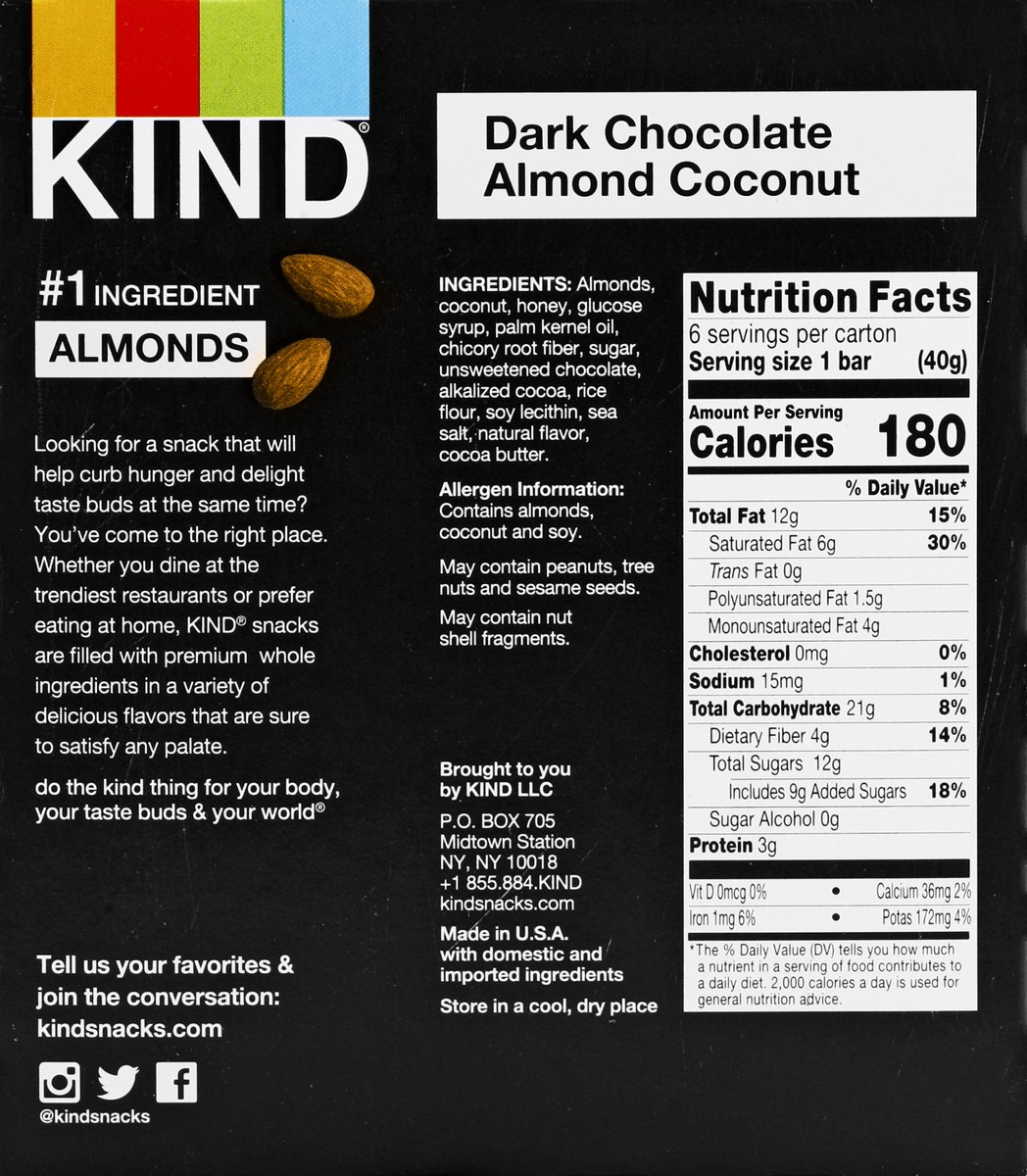 slide 3 of 9, KIND Dark Chocolate Almond Coconut Bars, Low Glycemic Index, Gluten Free Bars, 1.4 OZ, (6 Count), 6 ct