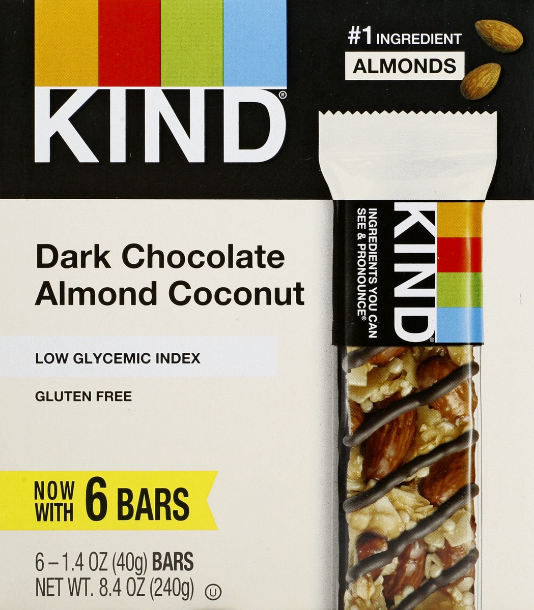 slide 8 of 9, KIND Dark Chocolate Almond Coconut Bars, Low Glycemic Index, Gluten Free Bars, 1.4 OZ, (6 Count), 6 ct