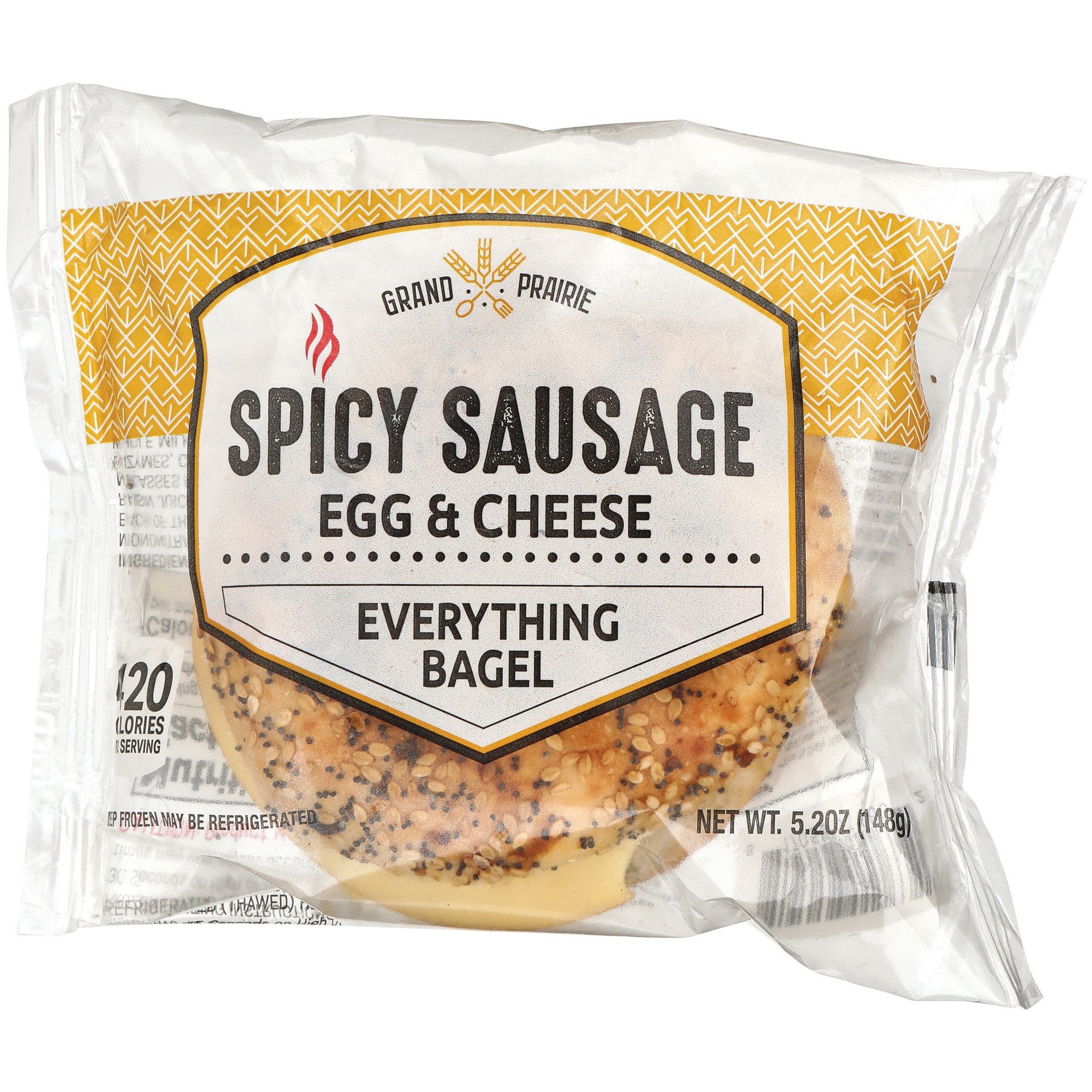 slide 1 of 1, Grand Prairie Bagel Breakfast Sandwich - Spicy Sausage & Egg, 5.2 oz