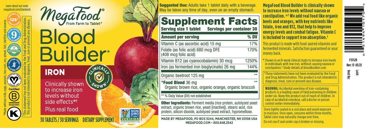 slide 2 of 7, MegaFood Blood Builder Iron Supplement, 30 Count, 30 ct