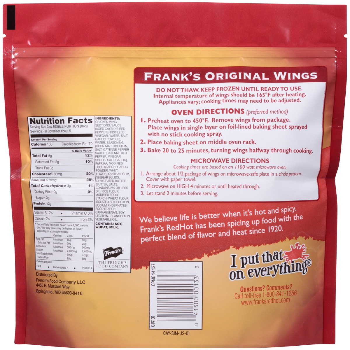 slide 4 of 8, Frank's RedHot  Frozen Chicken Wings - Original, 22 oz