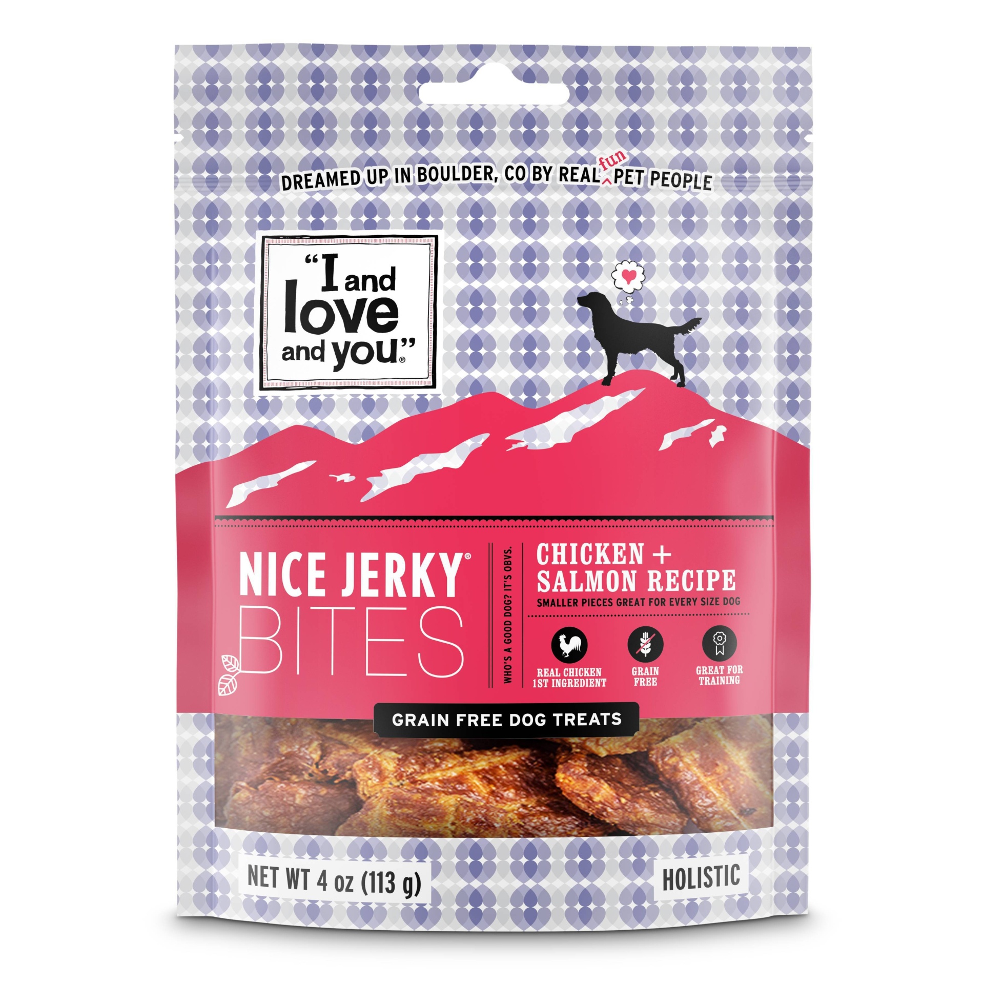 slide 1 of 4, I and Love and You Nice Jerky Chicken & Salmon Natural Dog Treats, 4 oz