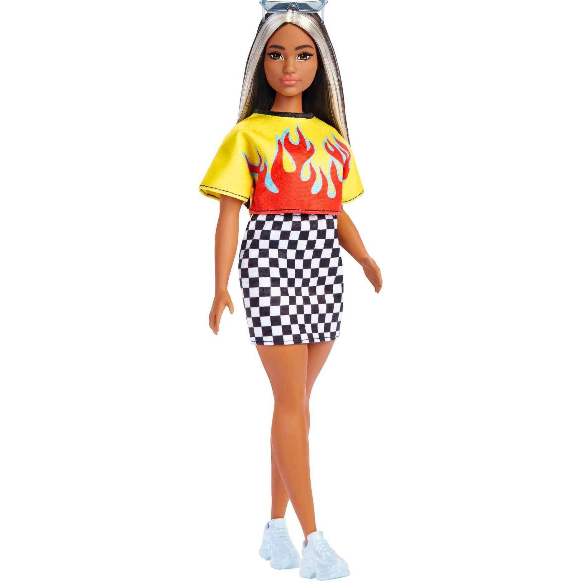 slide 1 of 5, Barbie Fashionistas Doll, Curvy, Long Hair With Crop Top, Skirt, Sneakers & Sunglasses, 1 ct