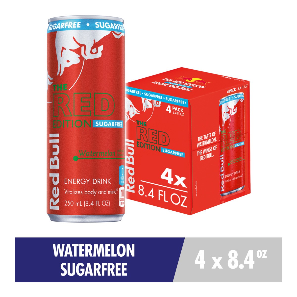 slide 1 of 11, Red Bull Red Edition Sugar Free Energy Drink, Watermelon, 80mg Caffeine, 8.4 fl oz, Pack of 4 Cans, 8.4 oz