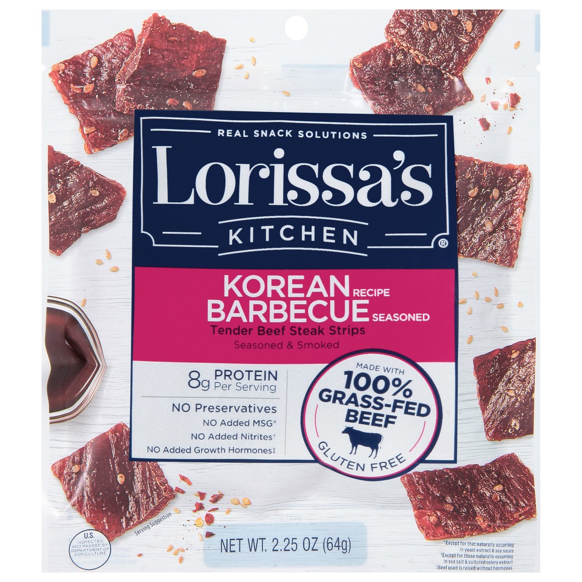 slide 1 of 12, Lorissa's Kitchen Korean Barbecue Beef Steak Strips Jerky, 2.25 oz