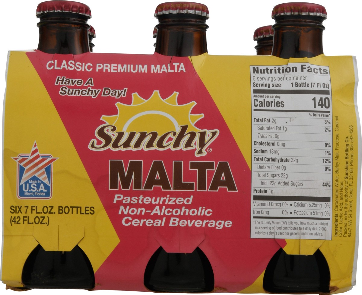 slide 11 of 11, Sunchy Non-Alcoholic Pasteurized Cereal Beverage Malta 6 - 7 oz Bottles, 6 ct