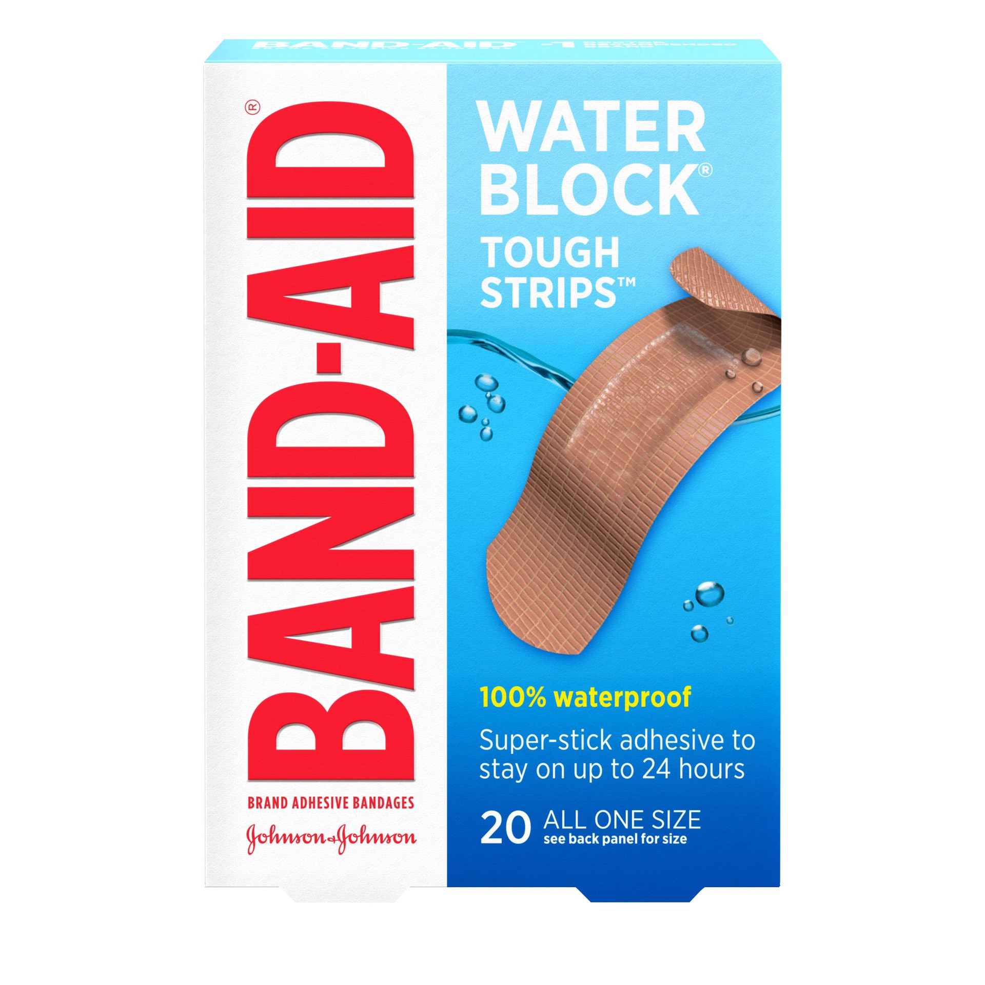 slide 1 of 10, BAND-AID Water Block Waterproof Tough Adhesive Bandages for First Aid Wound Care, Durable Waterproof Bandages to Protect Minor Cuts, Burns & Scrapes, Quilt-Aid Pad, One Size, 20 ct, 20 ct