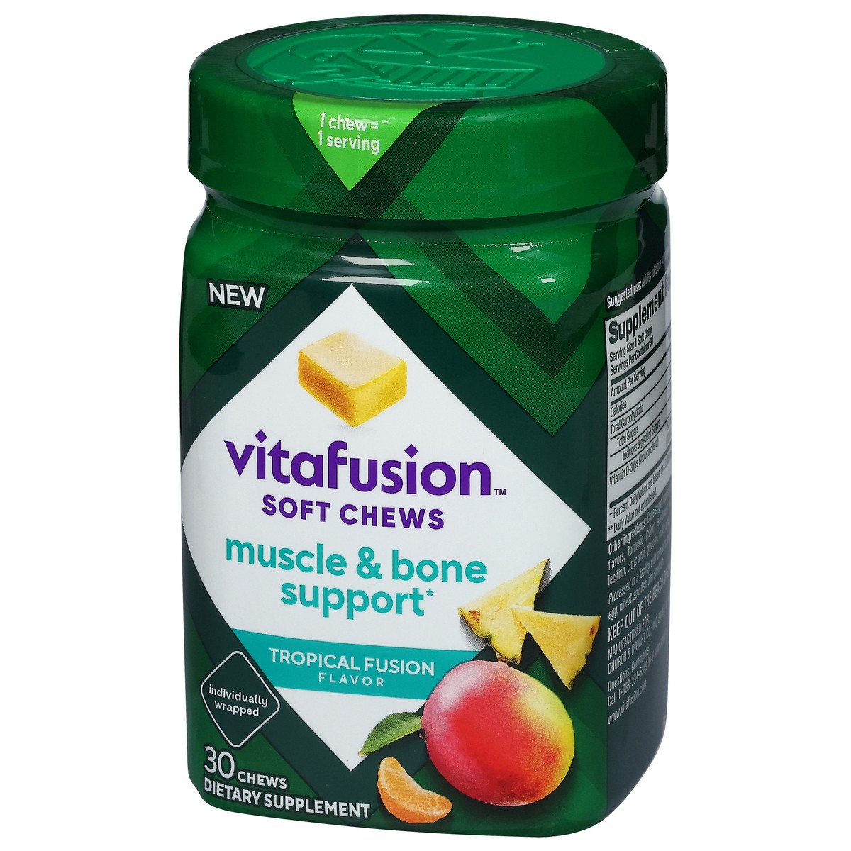 slide 4 of 13, vitafusion Soft Chews Muscle & Bone Support (1), Adult Chewable Vitamin D for Bone & Muscle Support, Individually Wrapped, Tropical Fusion Flavor, 30 Chews, 30 Day Supply, 30 ct