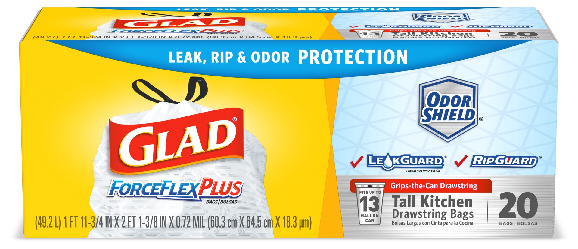 slide 1 of 6, Glad ForceFlexPlus™ Tall Kitchen Drawstring Trash Bags -13 Gallon White Trash Bag, OdorShield -20Count, 20 ct