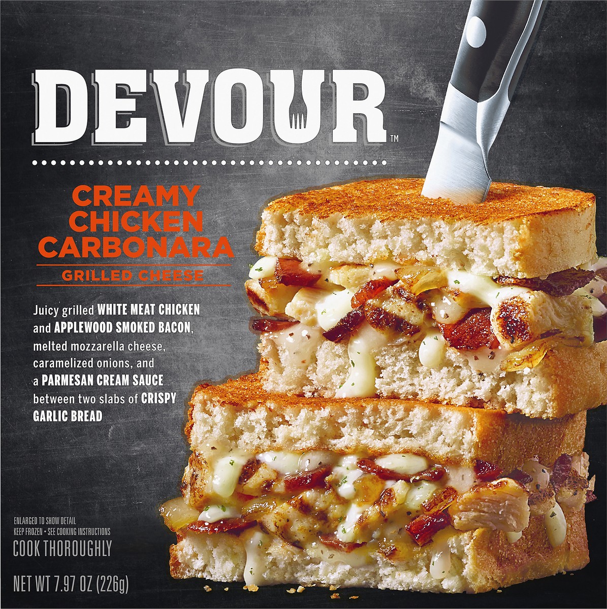 slide 9 of 11, DEVOUR Chicken Carbonara Grilled Cheese with Garlic Bread Frozen Dinner, 9 oz Box, 7.97 oz