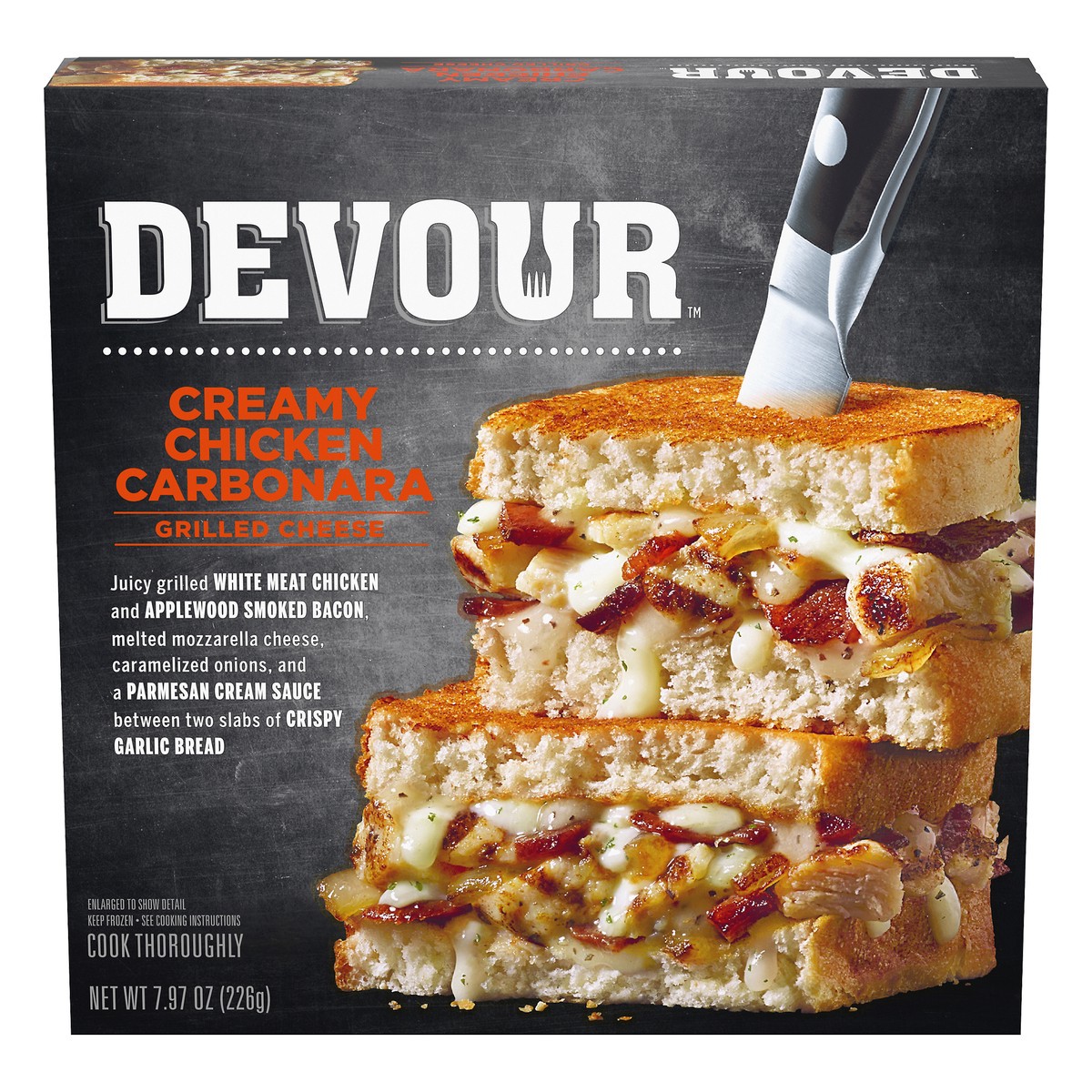 slide 11 of 11, DEVOUR Chicken Carbonara Grilled Cheese with Garlic Bread Frozen Dinner, 9 oz Box, 7.97 oz