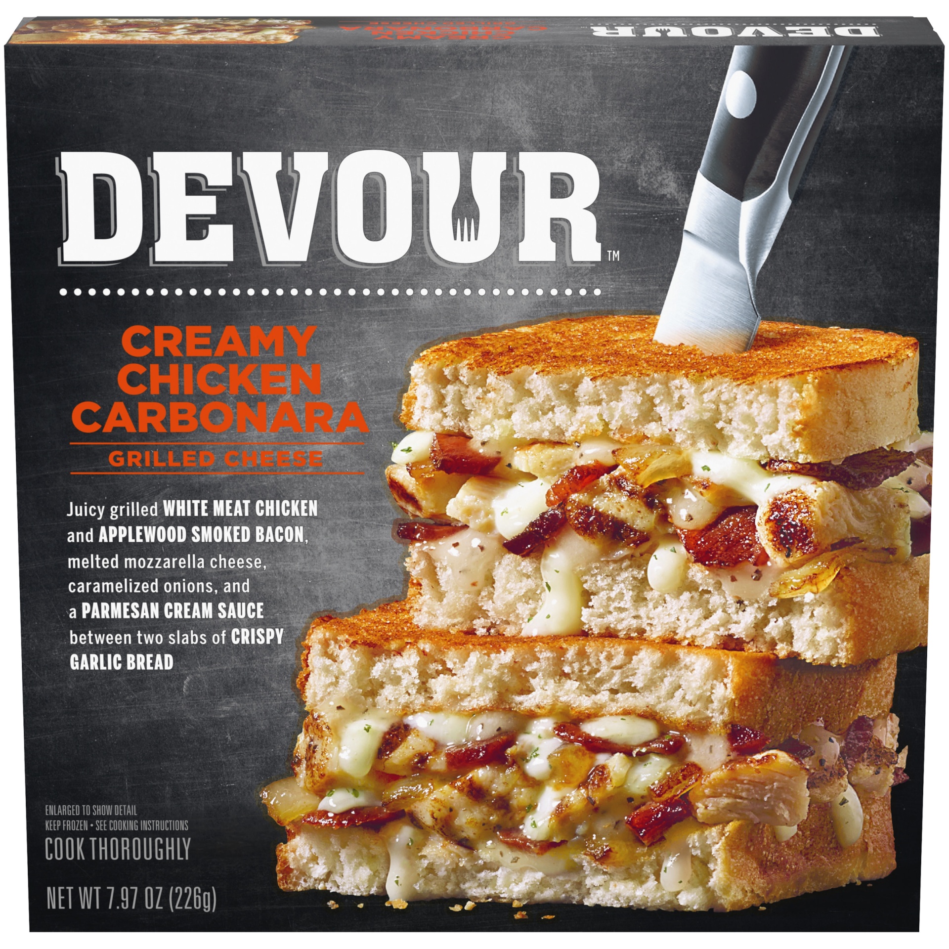 slide 1 of 1, DEVOUR Creamy Chicken Carbonara Grilled Cheese with Bacon, Carmelized Onions & Parmesan Cream Sauce Frozen Meal, 7.97 oz