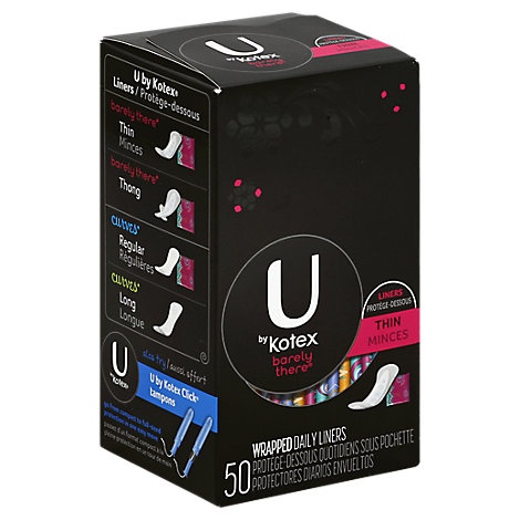 slide 1 of 1, U By Kotex Barely There Liners Daily Wrapped Thin, 50 ct