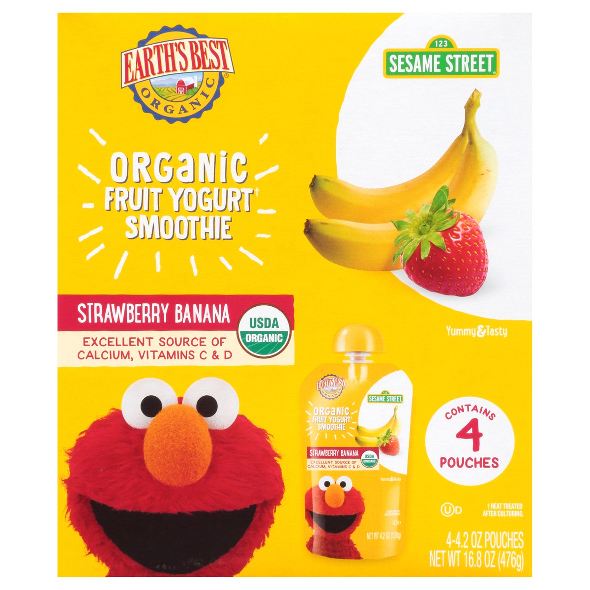 slide 1 of 8, Earth's Best Organic Sesame Street Strawberry Banana Organic Fruit Yogurt Smoothie 4-4.2 oz. Pouches, 4 ct