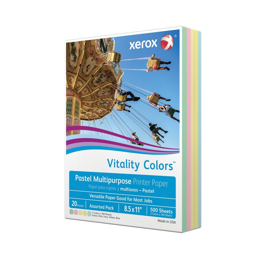 slide 3 of 3, Xerox Vitality Colors Multi-Use Printer Paper, Letter Size (8 1/2'' X 11''), 20 Lb, 30% Recycled, Assorted Pastels, Ream Of 500 Sheets, 500 ct