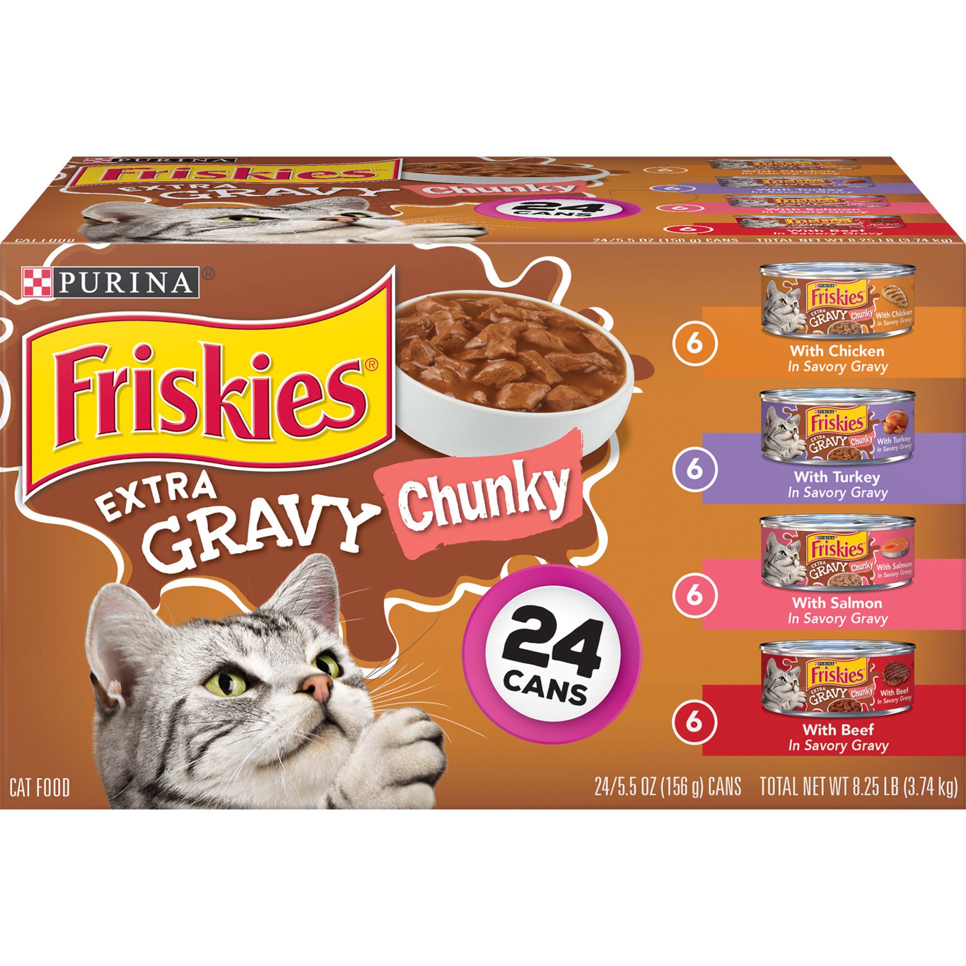 slide 1 of 9, Friskies Purina Friskies Gravy Wet Cat Food Variety Pack, Extra Gravy Chunky - (24) 5.5 oz. Cans, 24 ct