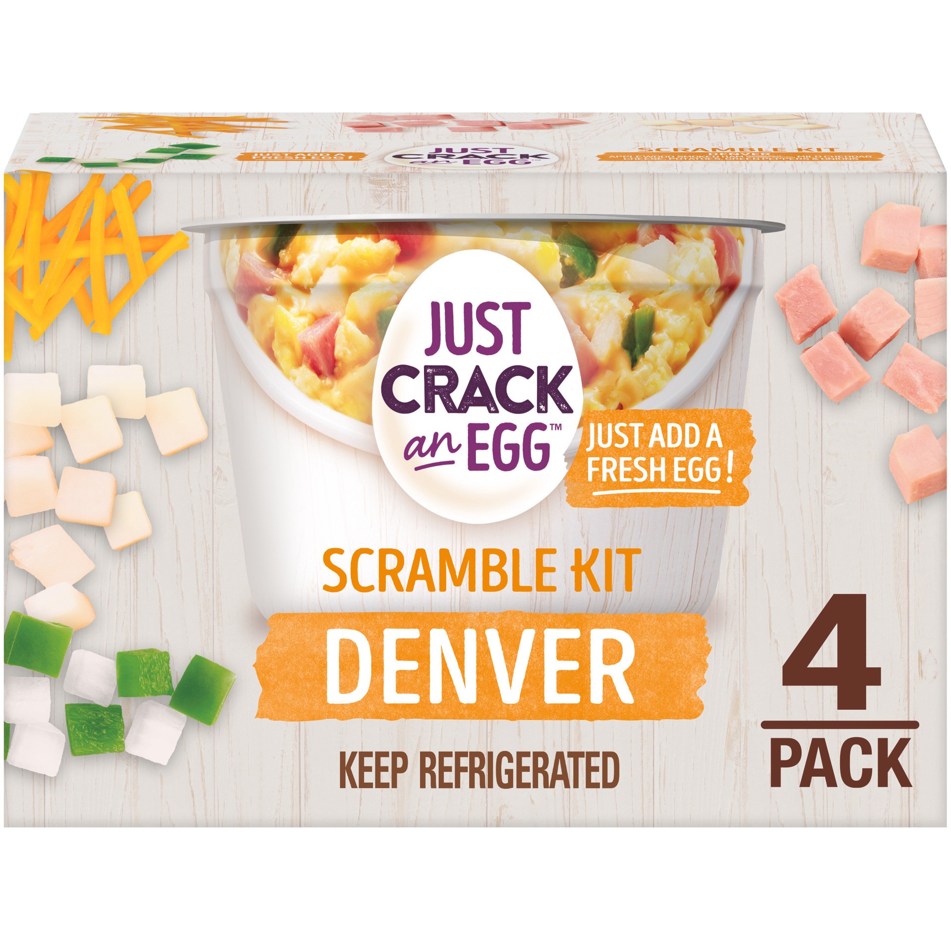 slide 1 of 6, Just Crack an Egg Denver Scramble Breakfast Bowl Kit with Applewood Smoked Ham, Mild Cheddar Cheese, Potatoes, Green Peppers and Onions, 4 ct. Box, 3 oz. Cups, 4 ct