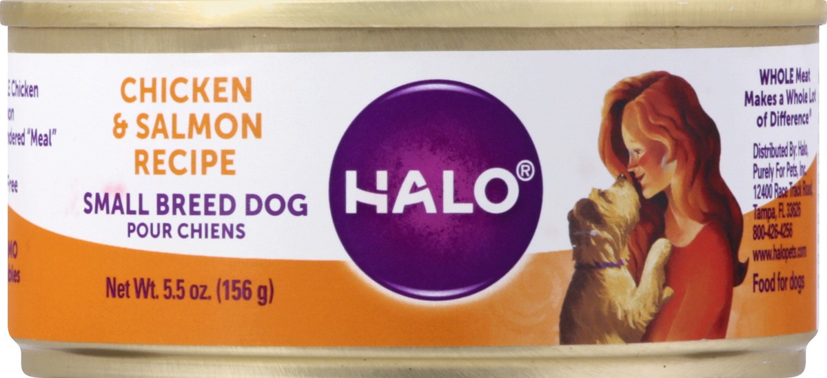 slide 1 of 9, Halo Small Breed Dog Chicken & Salmon Recipe Food for Dogs 5.5 oz, 5.5 oz