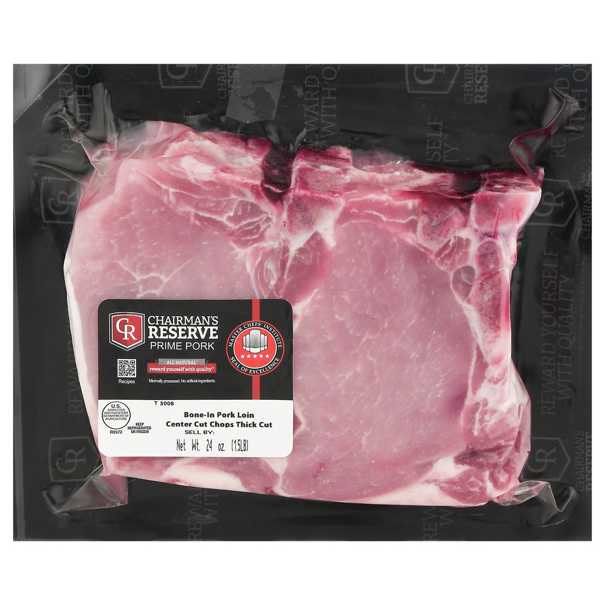 slide 1 of 14, Chairman's Reserve Prime Pork All Natural Thick Cut Bone-In Pork Loin Center Cut Chops, 1.5 lbs., 1 ct