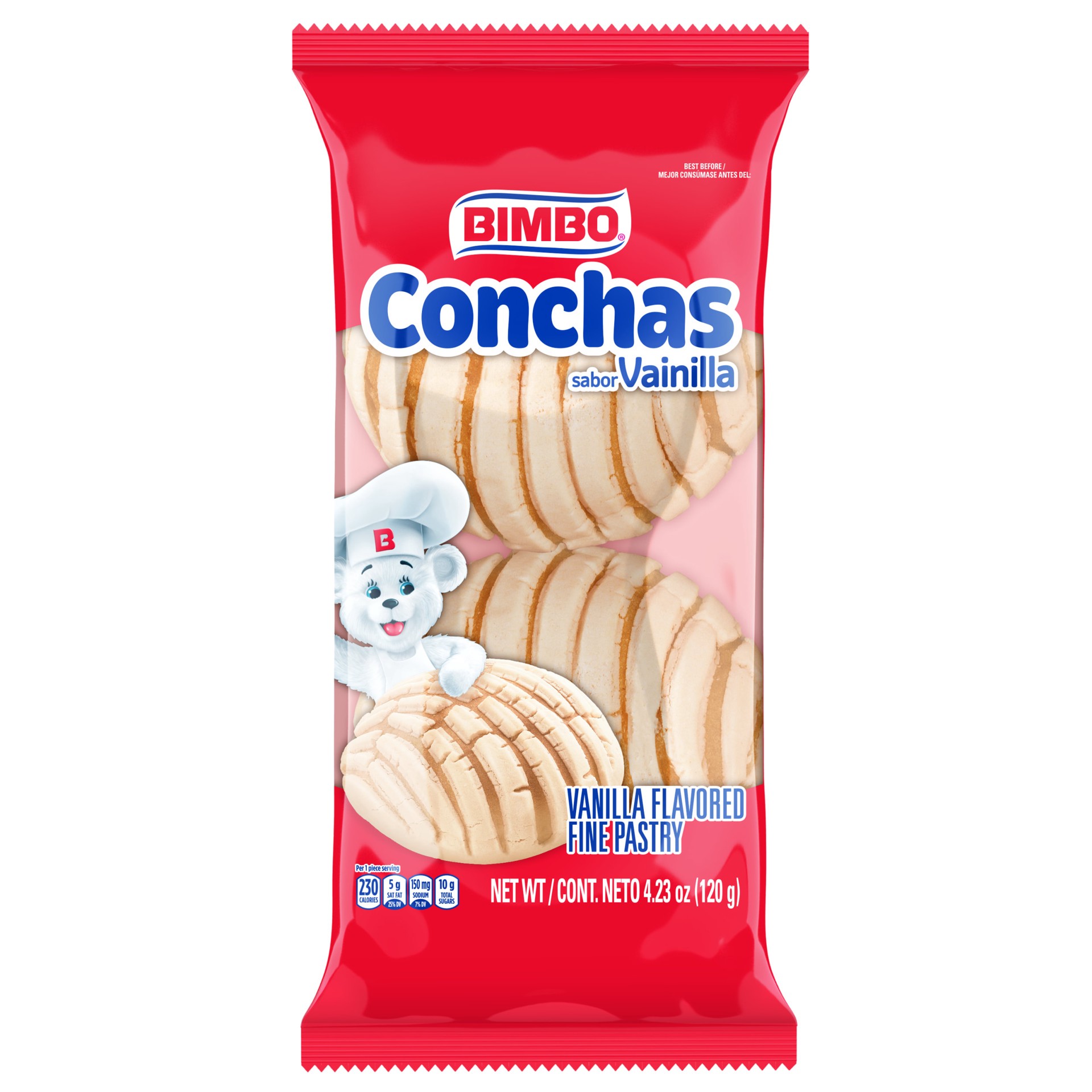 slide 1 of 14, Bimbo Conchas Vanilla Fine Pastry, 2 count, Pastries, 4.23 oz Bag, 2 ct