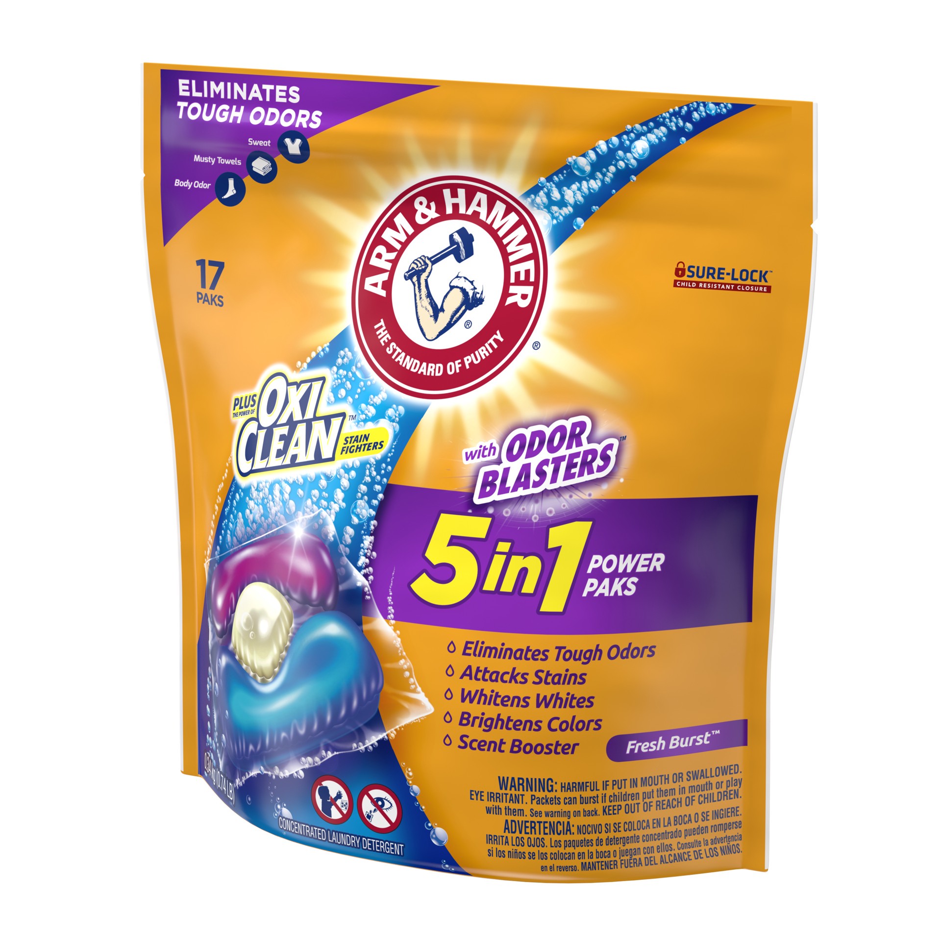 slide 5 of 5, ARM & HAMMER Odor Blasters Laundry Detergent Pacs, 17 ct