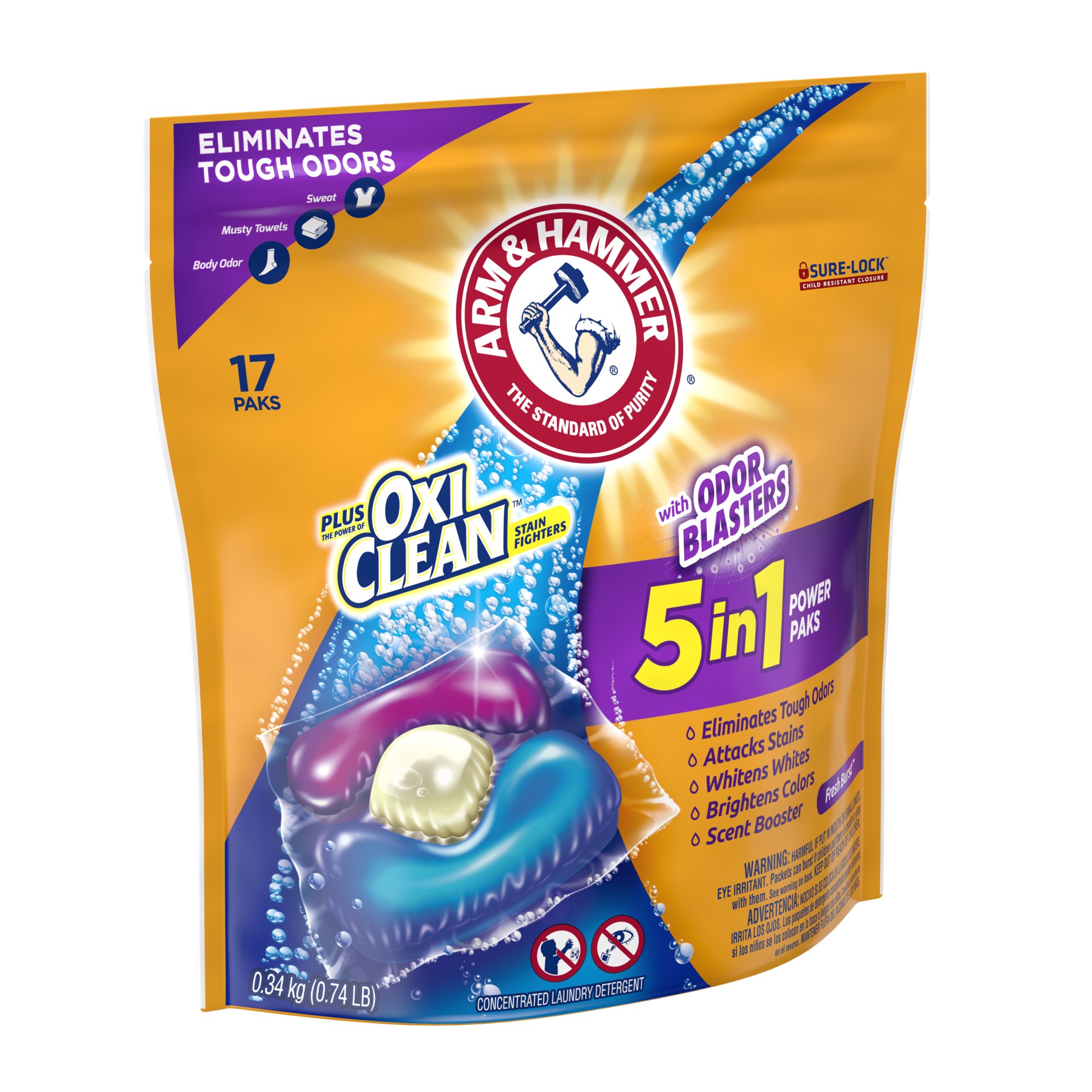 slide 2 of 5, ARM & HAMMER Odor Blasters Laundry Detergent Pacs, 17 ct