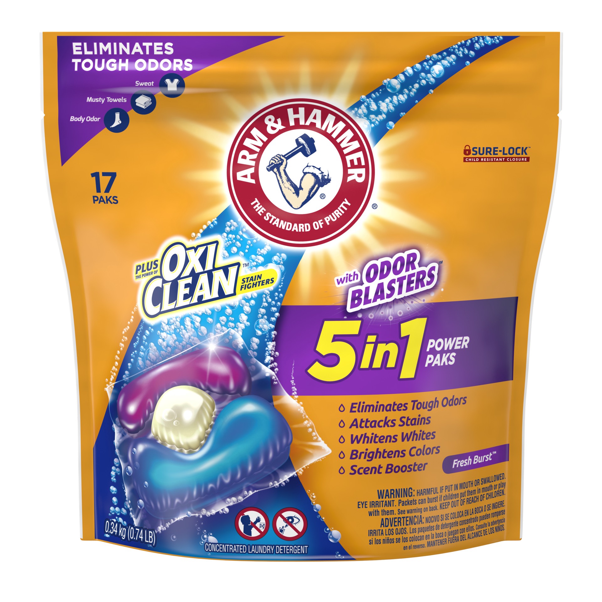 slide 1 of 5, ARM & HAMMER Odor Blasters Laundry Detergent Pacs, 17 ct