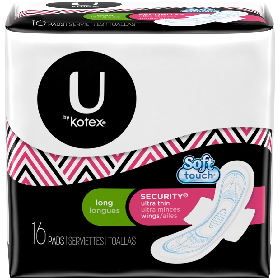 slide 1 of 3, U By Kotex Security Long Unscented Ultra Thin Pads With Wings, 16 ct