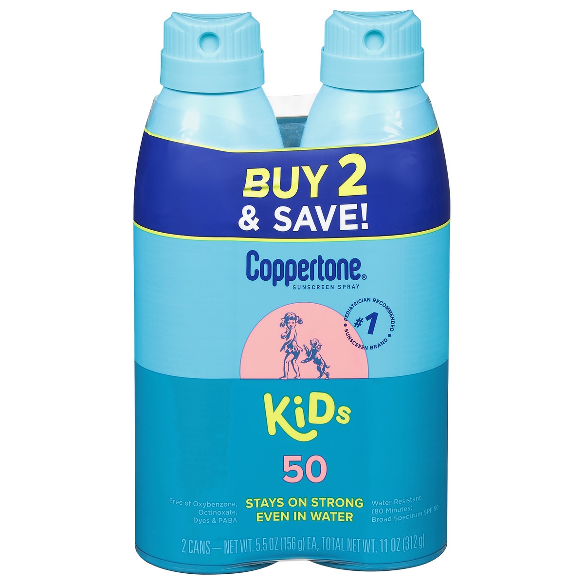 slide 1 of 1, Coppertone Kids Sunscreen Spray SPF 50 2pk, 5.5 oz