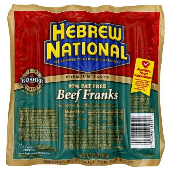slide 1 of 1, Hebrew National Fat Free Beef Franks, 9.43 oz