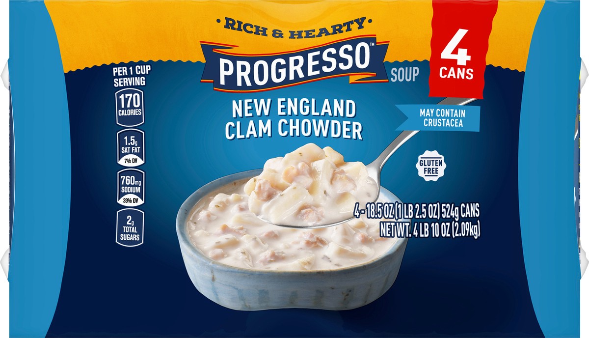 slide 9 of 9, Progresso Rich & Hearty, New England Clam Chowder Soup, 18.5 oz., 4 Pack, 4 ct