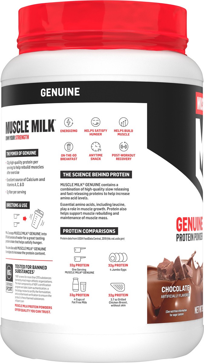 slide 9 of 9, Muscle Milk Genuine Protein Powder Chocolate Artificially Flavored 39.5 Oz, 39.7 oz