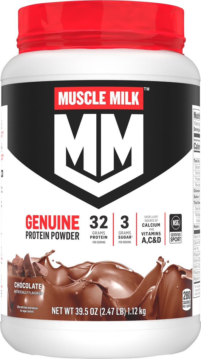 slide 7 of 9, Muscle Milk Genuine Protein Powder Chocolate Artificially Flavored 39.5 Oz, 39.7 oz