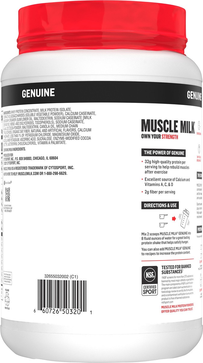 slide 2 of 9, Muscle Milk Genuine Protein Powder Chocolate Artificially Flavored 39.5 Oz, 39.7 oz