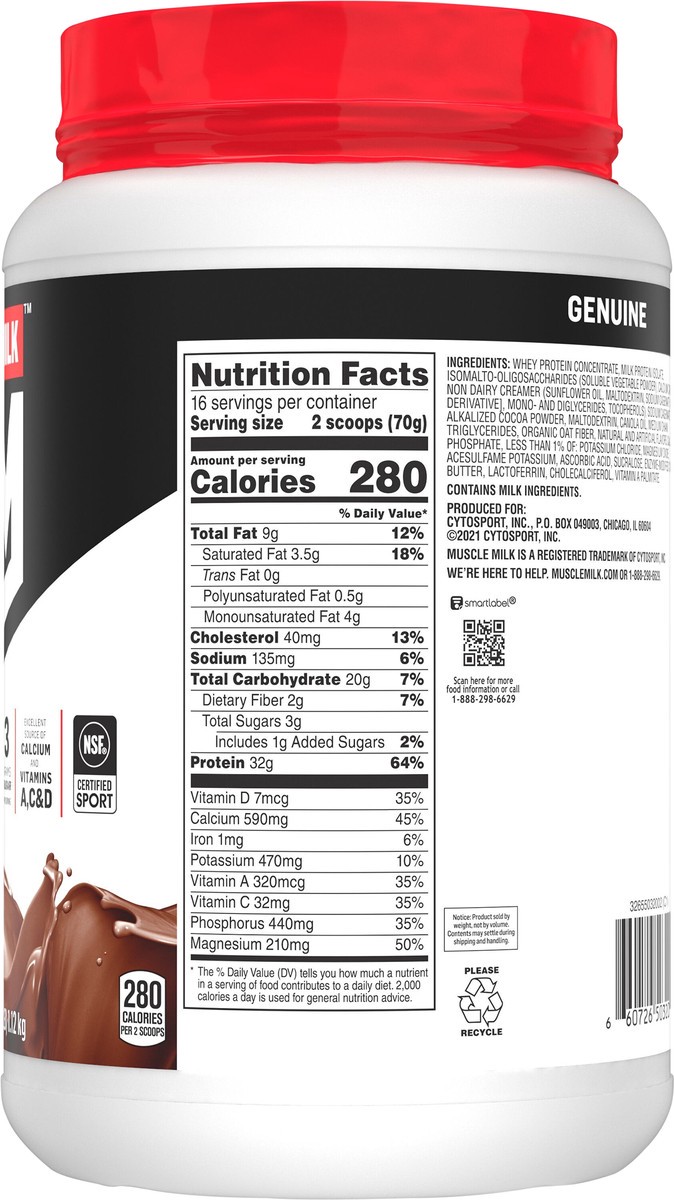 slide 6 of 9, Muscle Milk Genuine Protein Powder Chocolate Artificially Flavored 39.5 Oz, 39.7 oz