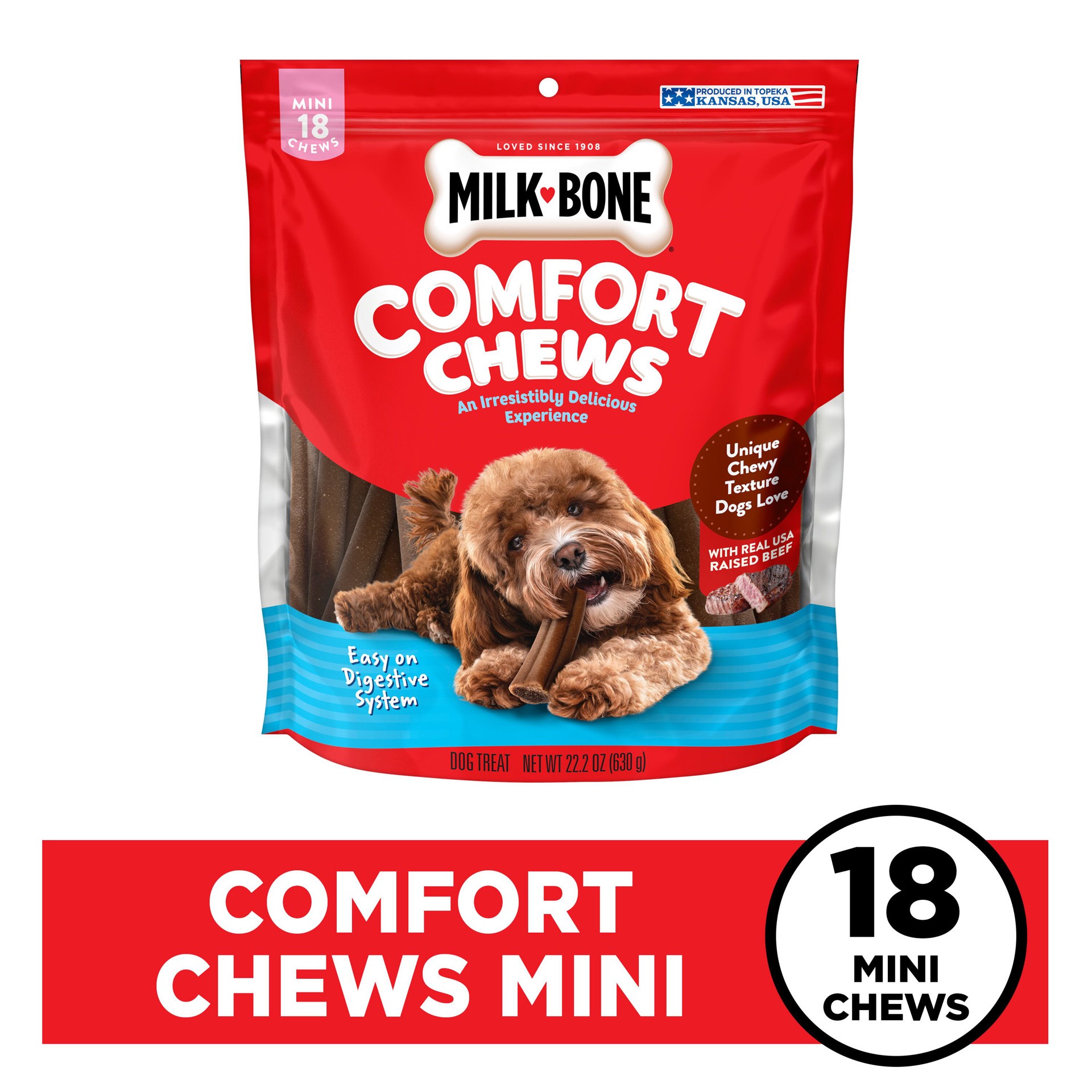 slide 9 of 9, Milk-Bone Mini Comfort Chews, Dog Chews with Unique Chewy Texture and Real Beef, 22.2 Oz. Bag of 18 Chews, 18 ct