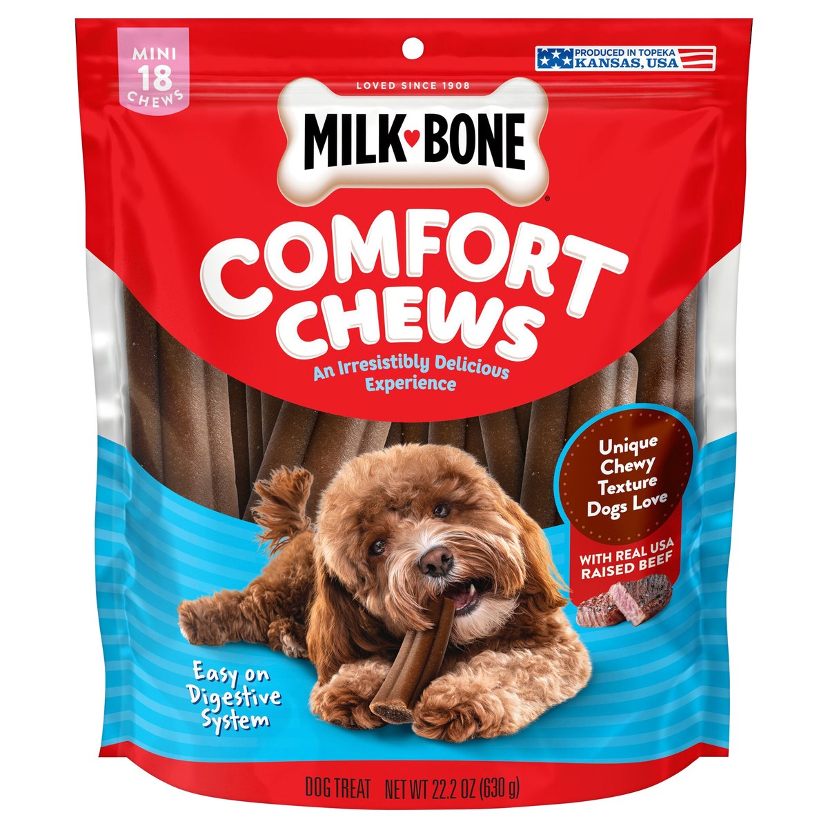 slide 1 of 9, Milk-Bone Mini Comfort Chews, Dog Chews with Unique Chewy Texture and Real Beef, 22.2 Oz. Bag of 18 Chews, 18 ct