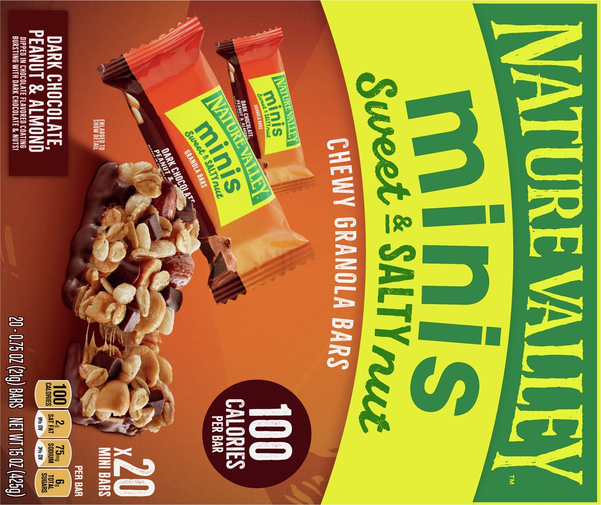 slide 7 of 9, Nature Valley Mini Granola Bars, Sweet and Salty Nut, Dark Chocolate Peanut Almond, 20 Bars, 15 OZ, 20 ct