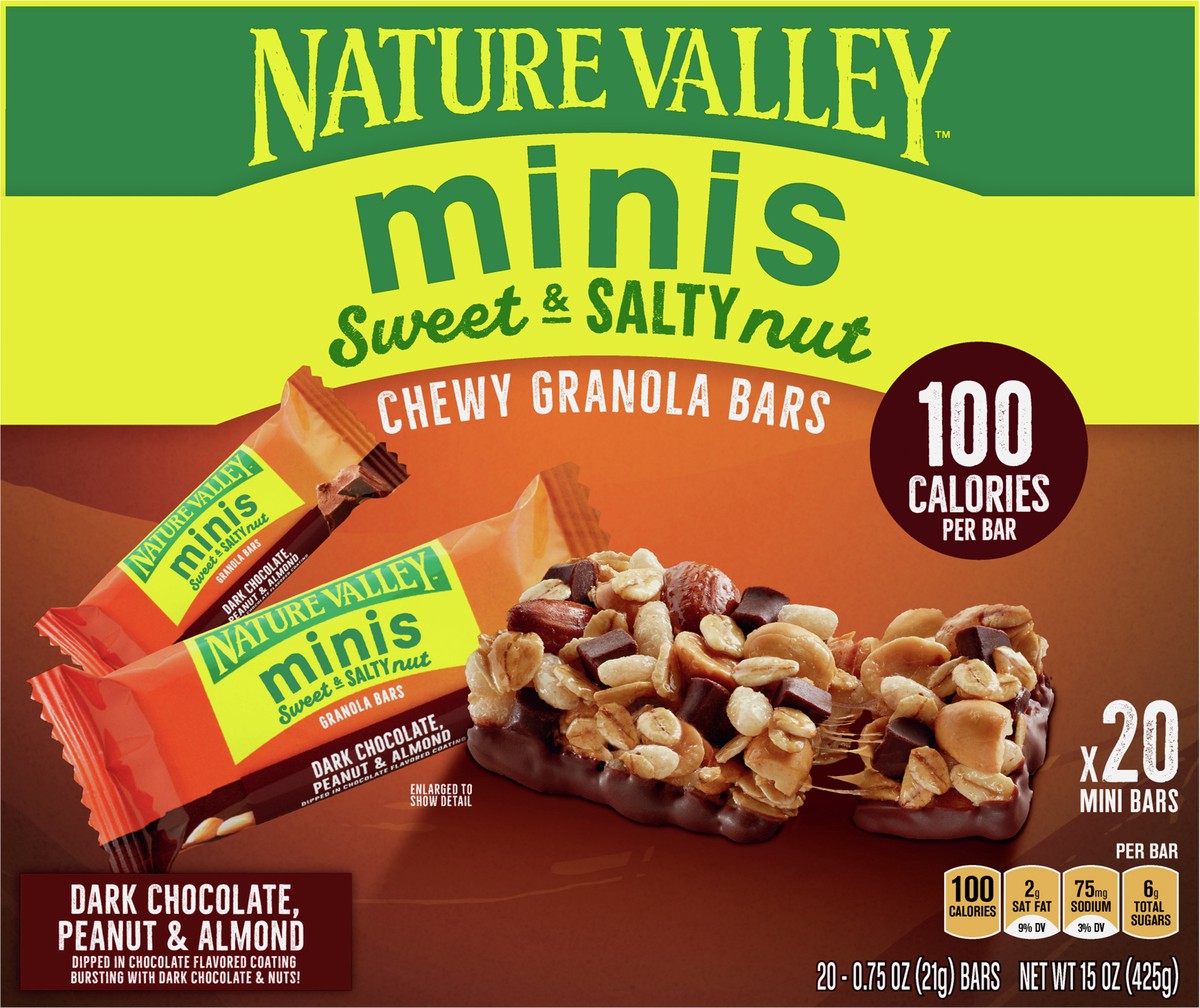 slide 3 of 9, Nature Valley Mini Granola Bars, Sweet and Salty Nut, Dark Chocolate Peanut Almond, 20 Bars, 15 OZ, 20 ct