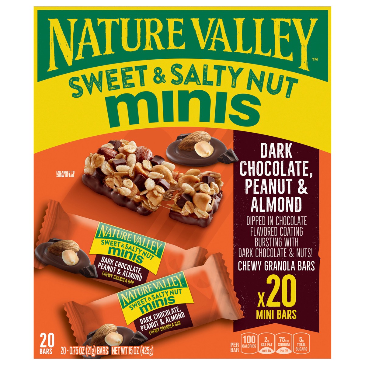 slide 1 of 9, Nature Valley Mini Granola Bars, Sweet and Salty Nut, Dark Chocolate Peanut Almond, 20 Bars, 15 OZ, 20 ct