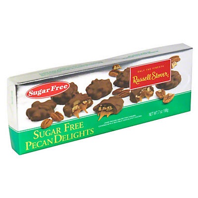 slide 1 of 1, Russell Stover Sugar-Free Milk Chocolate Pecan Delights, 7 oz